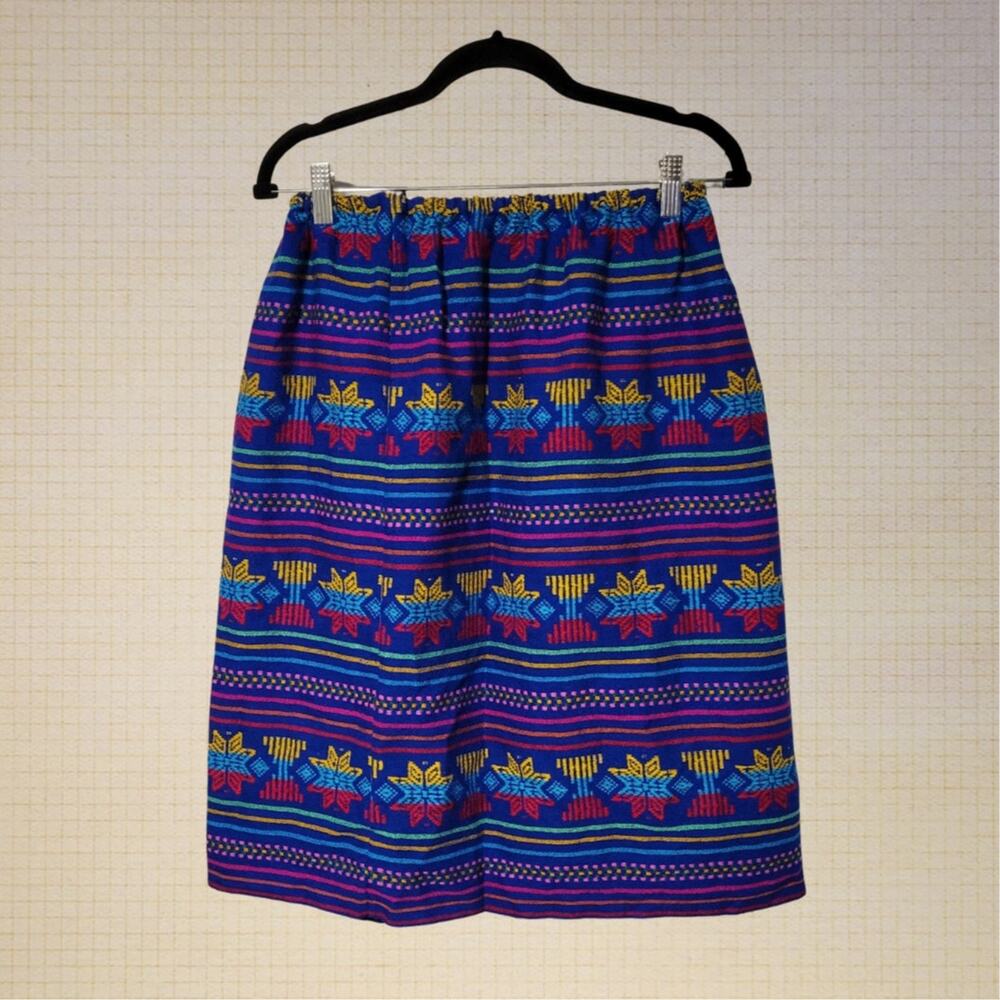 90s Boho Ethnic Midi Skirt Elastic Waist Lightweight Patterned Blue M